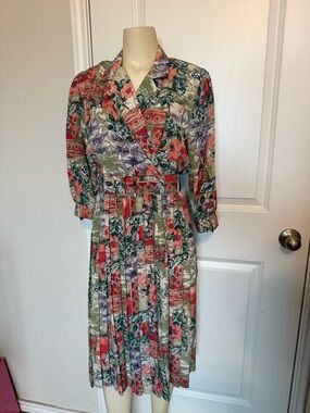 Vintage Breli Originals Tropical Print Pleated A Line Belted Dress